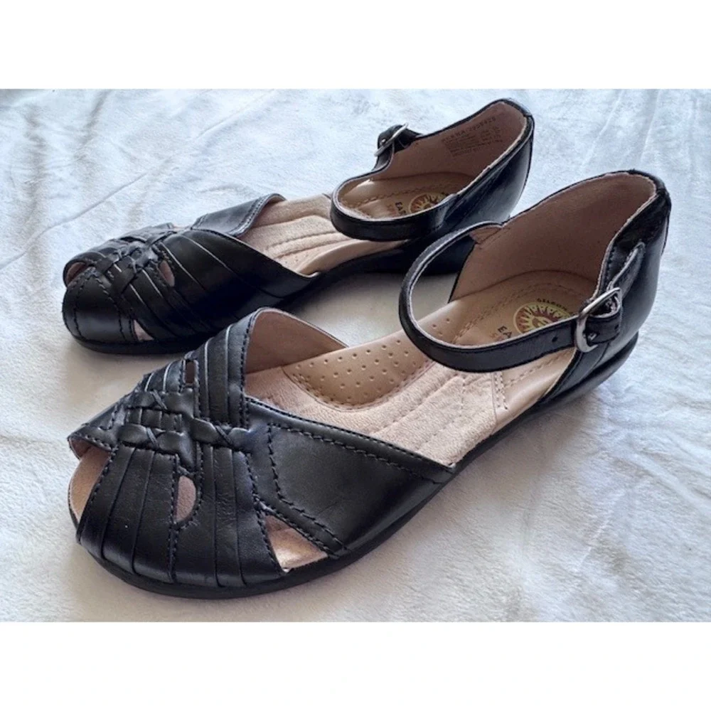 Earth Spirit Elena Black Leather Woven Ankle Strap Sandals Shoes Womens 5.5 37